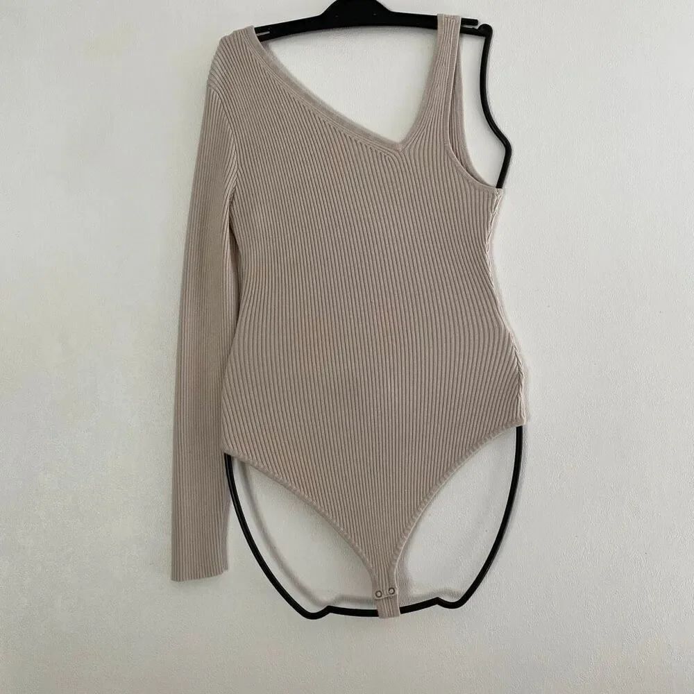 Abercrombie & Fitch Asymmetrical Ribbed Bodysuit One Shoulder Long Sleeve Size M
